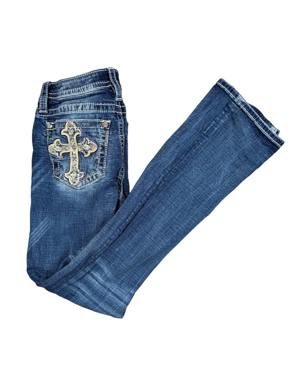 Miss Me Womens 27 Cross Pocket Bootcut Jeans Rhinestone Embellished Y2K Western